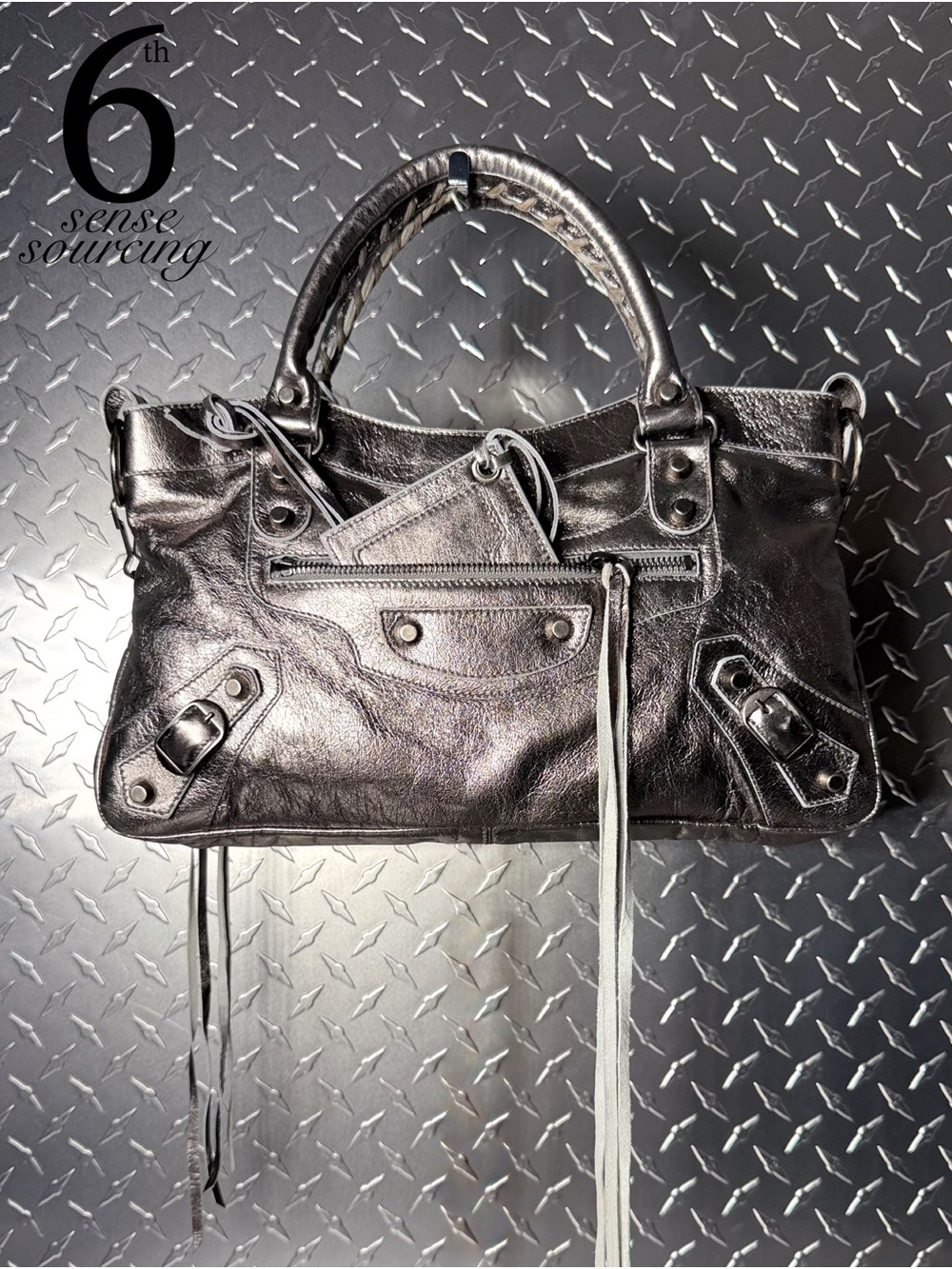 Balenciaga Pewter Metallic Leather First City Moto Bag in Grey